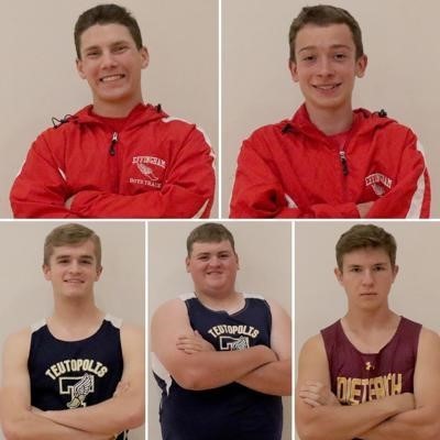 Effingham Daily News All-Area Track and Field Team members. Pictured (L-R, TOP) are Effingham’s Dalton Fox and Garrett Wagoner. Pictured (L-R, BOTTOM) are Teutopolis’ Jackson Vonderheide and Riley Probst, and Dieterich’s Jack Bloemer.